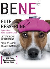 Das Cover des Bene Magazins Nummer 36 zeigt einen kleinen Hund mit Eisbeutel auf dem Kopf