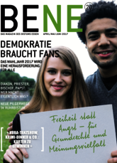 Das Cover des Bene Magazins Nummer 20 zeigt zwei Personen mit einem Plakat in der Hand